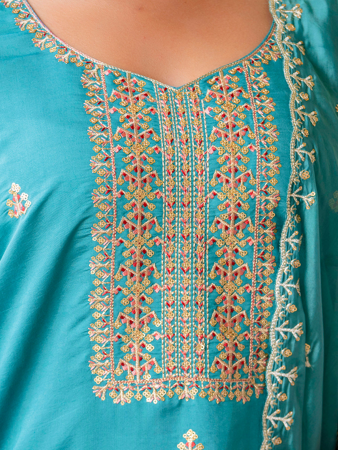 Women's Embroidered Silk Blend Calf Length Straight Kurta with Palazzo & Dupatta Set - FitVibe Fashion