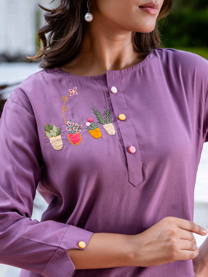 Women Solid Hand Work Embroidered Silk Blend Co-Ords Sets - FitVibe Fashion