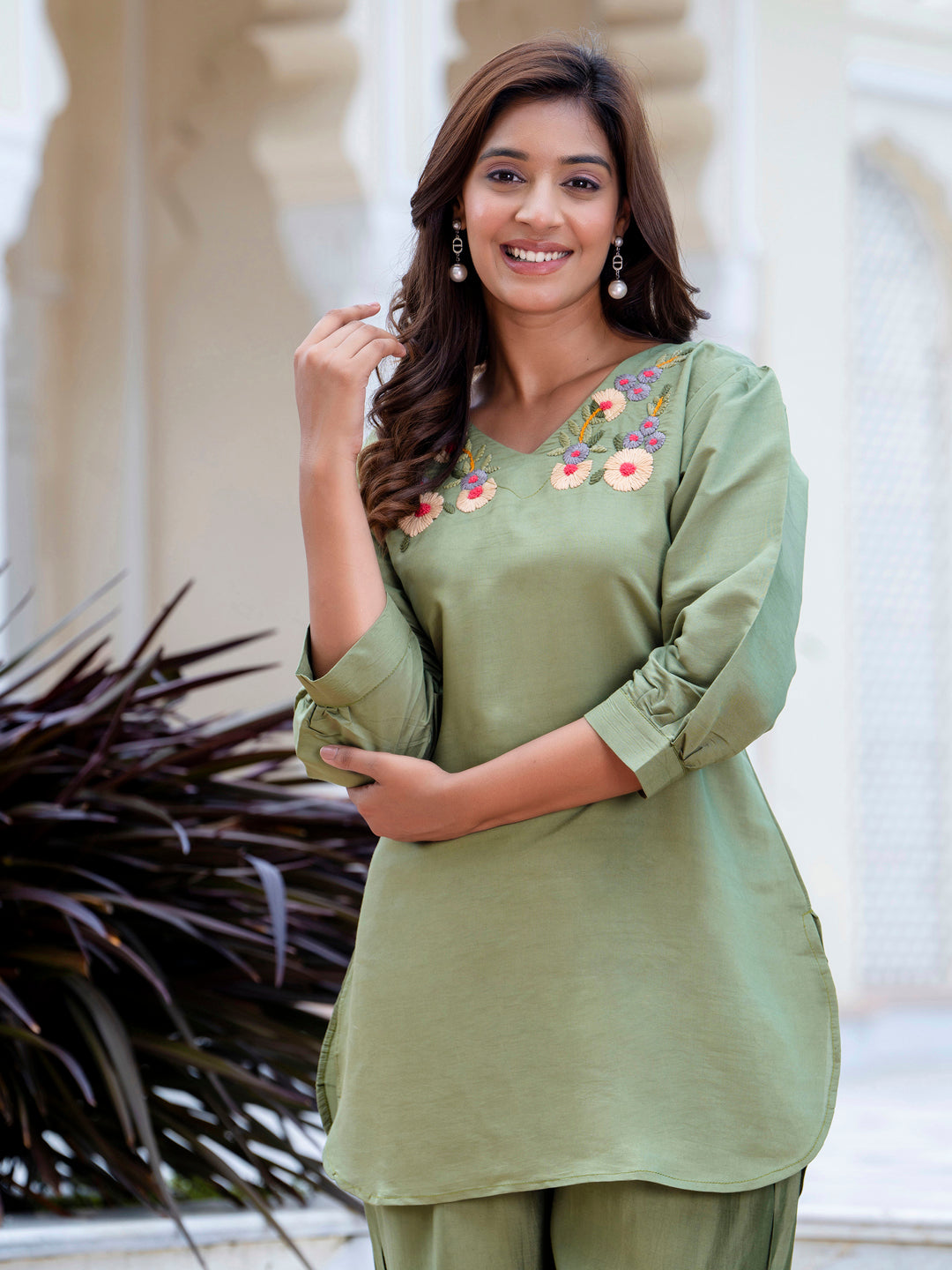 Women Solid Hand Work Embroidered Silk Blend Co-Ords Sets - FitVibe Fashion