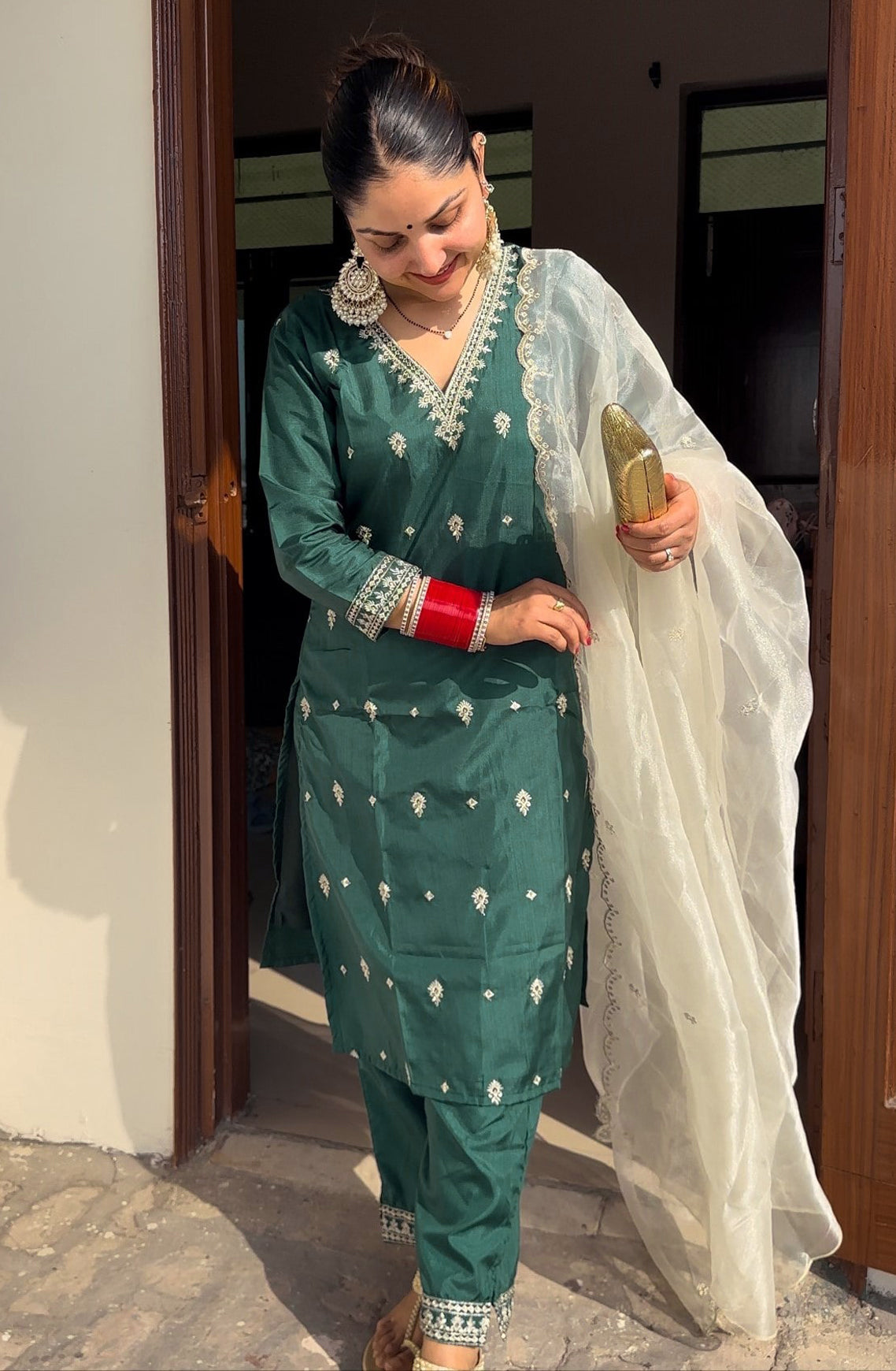 Triveni Silk Blend Kurta and Trouser Set with Organza Dupatta - FitVibe Fashion