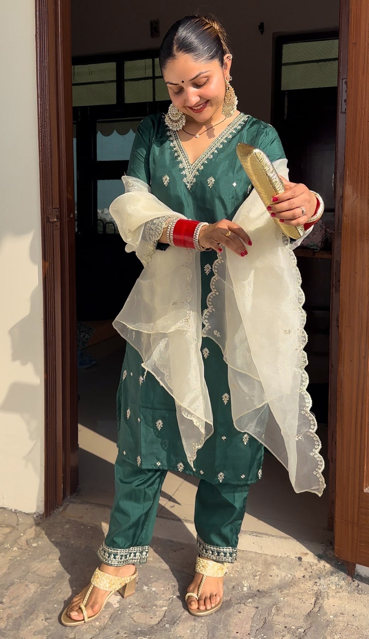 Triveni Silk Blend Kurta and Trouser Set with Organza Dupatta - FitVibe Fashion