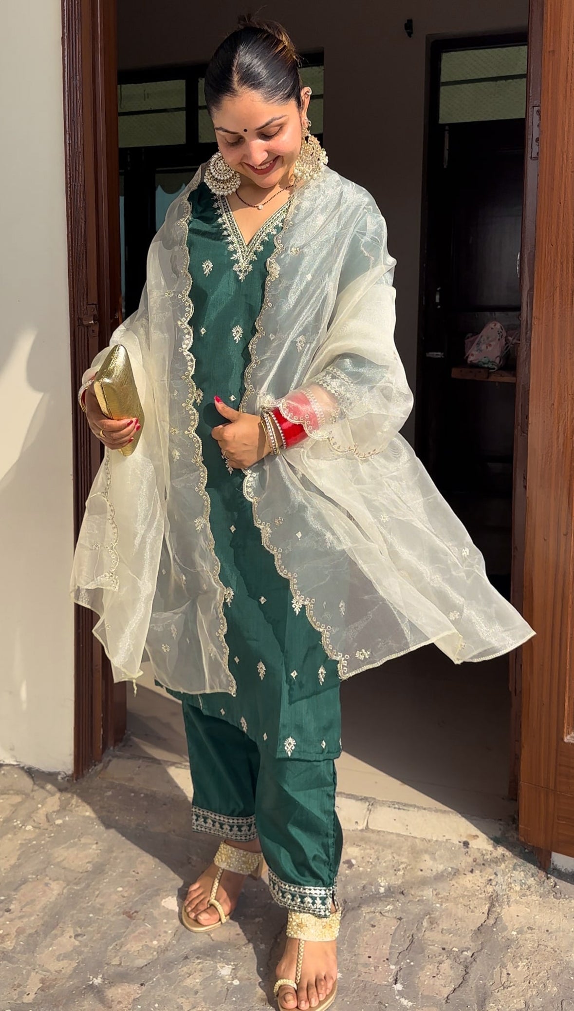 Triveni Silk Blend Kurta and Trouser Set with Organza Dupatta - FitVibe Fashion