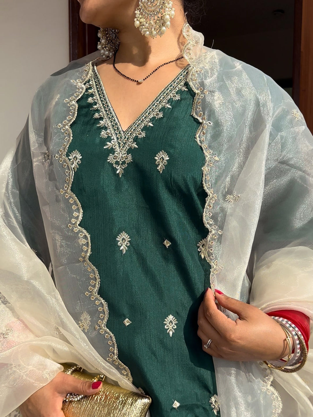 Triveni Silk Blend Kurta and Trouser Set with Organza Dupatta - FitVibe Fashion