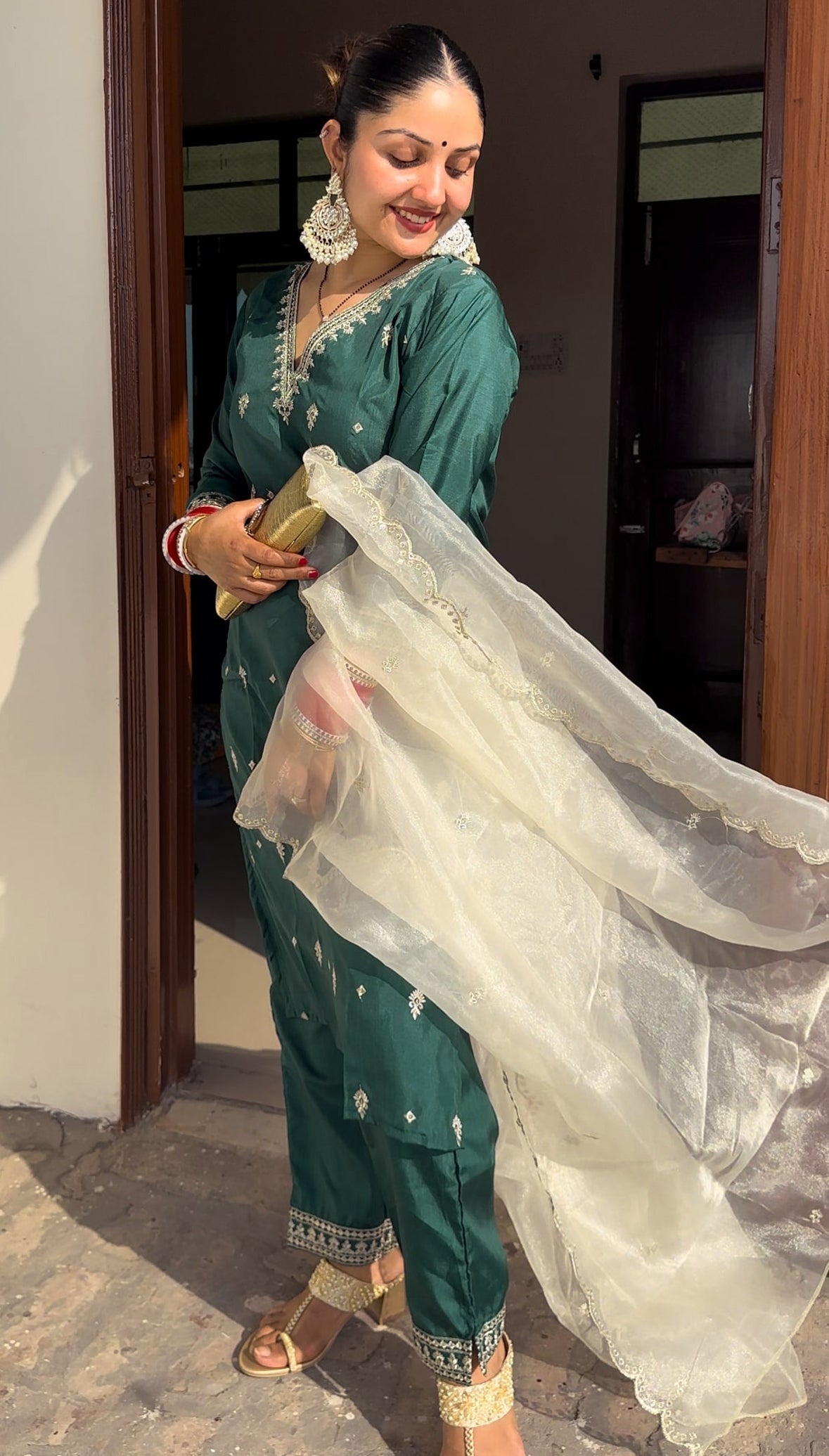 Triveni Silk Blend Kurta and Trouser Set with Organza Dupatta - FitVibe Fashion