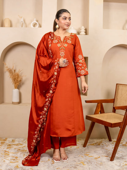 Rust Women Anarkali Kurta with Pant & Chinon Dupatta Suits, Festive Ethnic Set - FitVibe Fashion