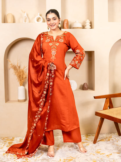 Rust Women Anarkali Kurta with Pant & Chinon Dupatta Suits, Festive Ethnic Set - FitVibe Fashion