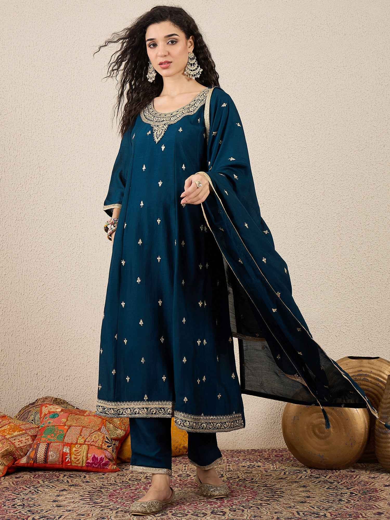 Adrika Blue Women Embroidery Anarkali Kurta Pant and Dupatta Sets