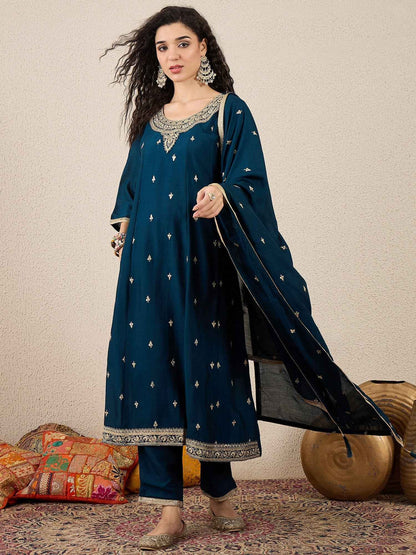 Adrika Blue Women Embroidery Anarkali Kurta Pant and Dupatta Sets