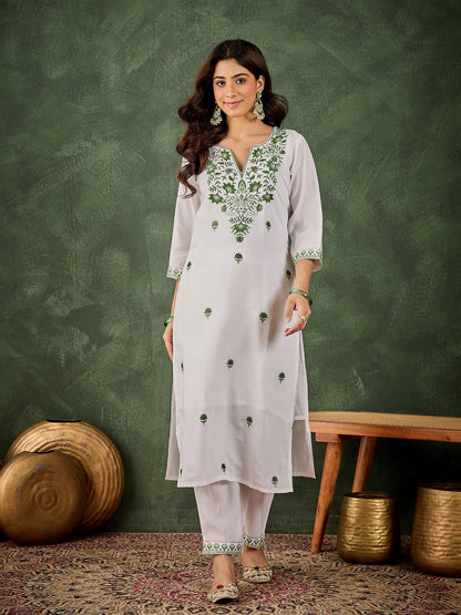 Rutu Women's Silk Blend Embroidered Straight Kurta & Pant Set - FitVibe Fashion