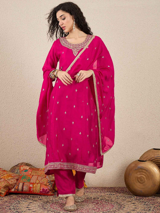 Adrika Pink Women Embroidery Anarkali Kurta Pant and Dupatta Sets