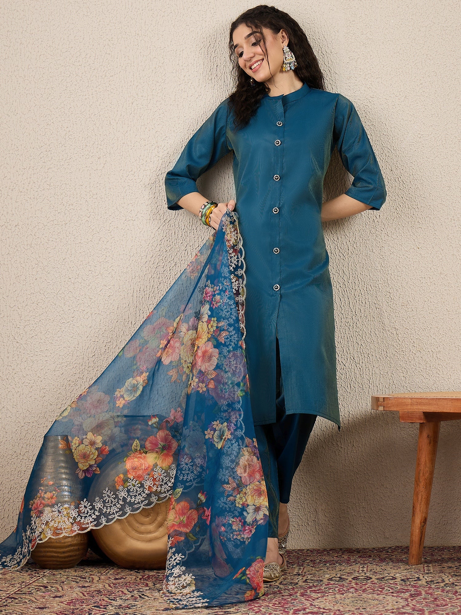 Suhani Teal Blue Silk Blend Women Ethnic Suit Sets - FitVibe Fashion