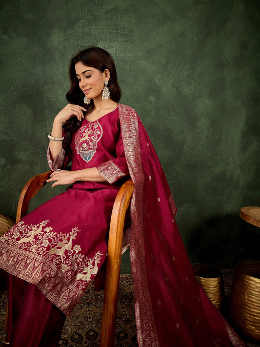 Roop Women's Silk Blend Banarasi Jacquard Zari Woven Straight Kurta Pant with Dupatta Set - FitVibe Fashion