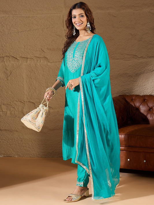Bright Blue Silk Blend Yoke Design Kurta and Trousers Pant Set - FitVibe Fashion
