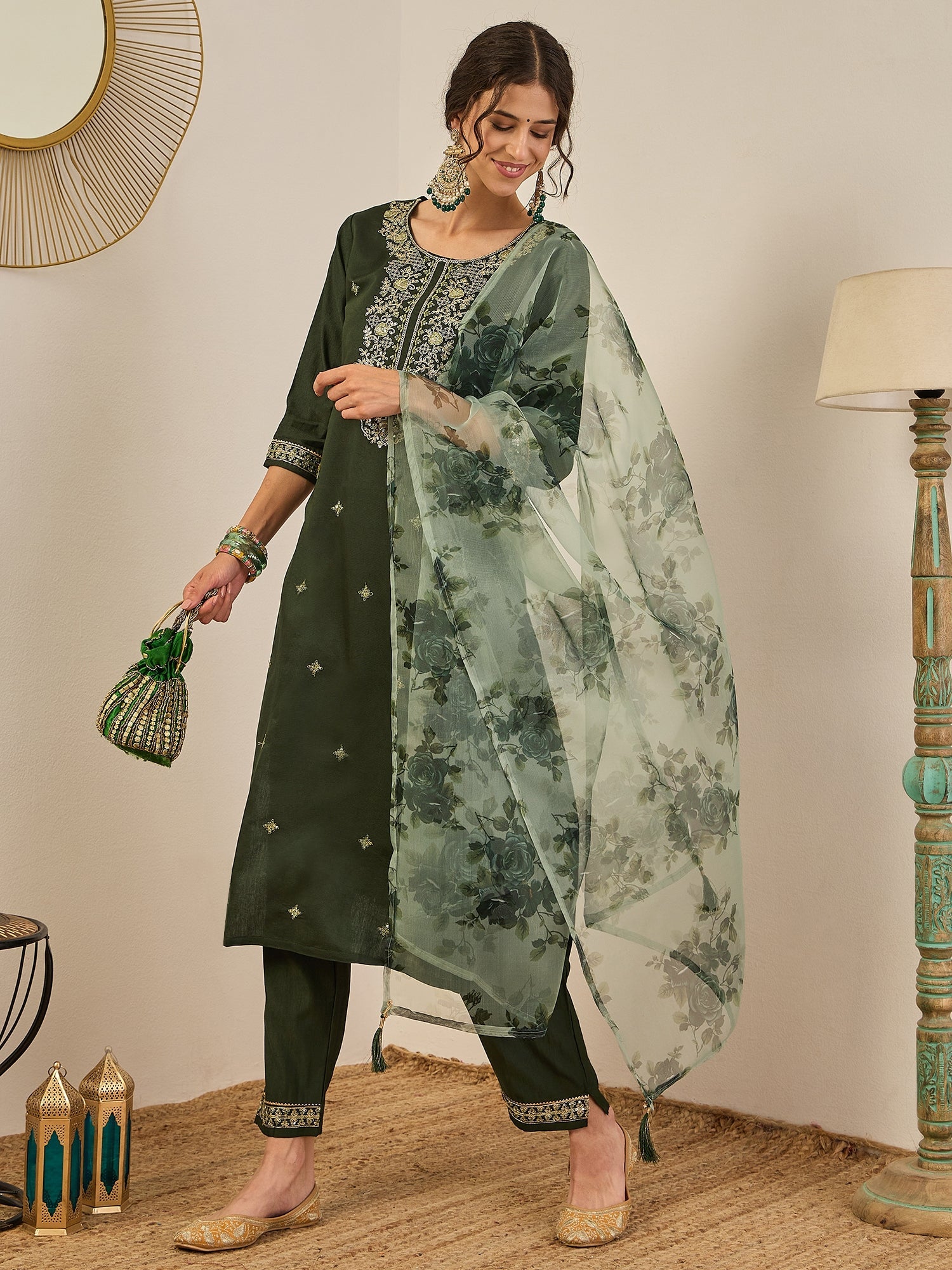 Tara Women’s Viscose Rayon Kurta Pant Set Embroidered Ethnic Wear with Organza Dupatta - FitVibe Fashion