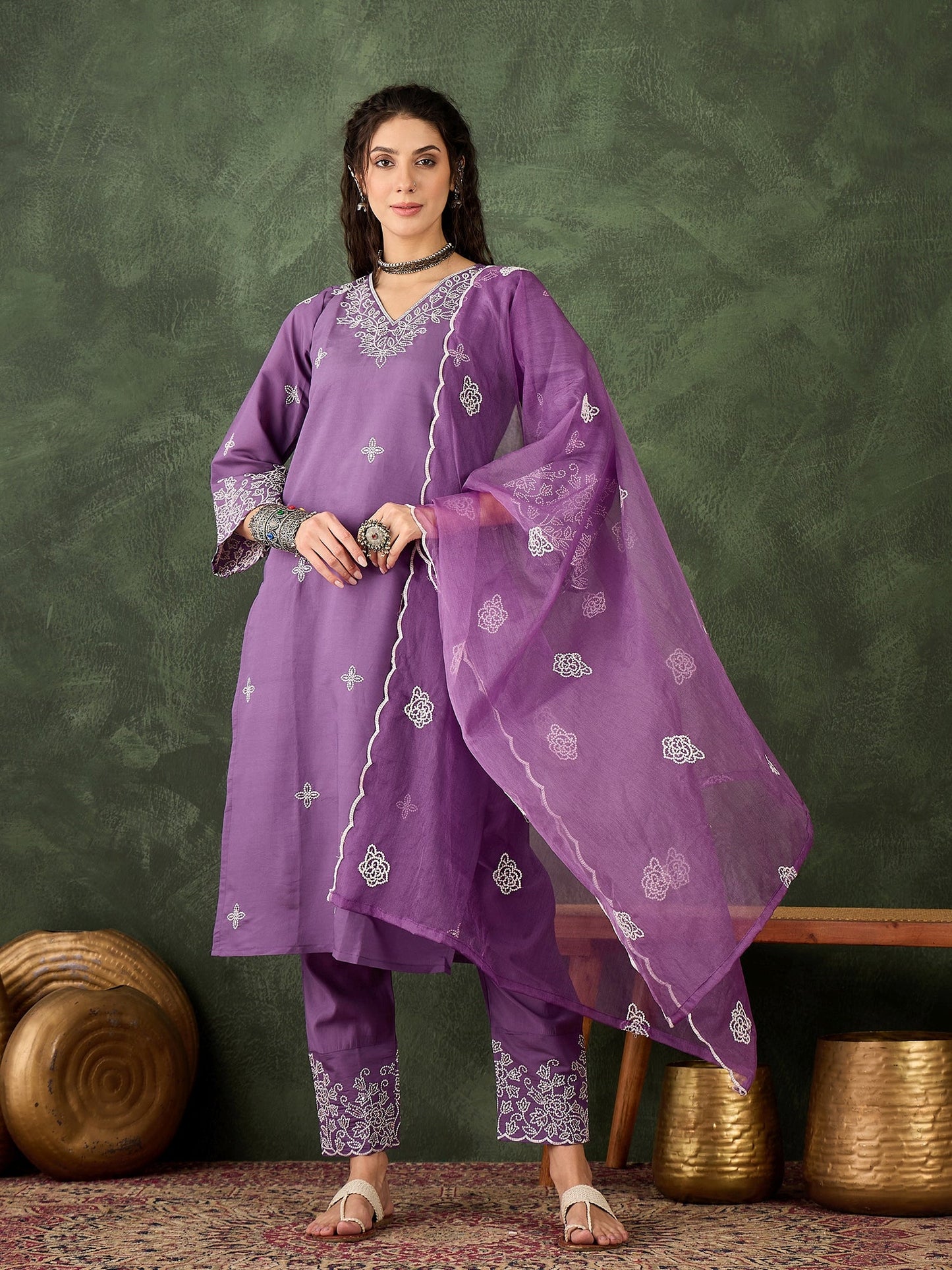 Mahi Solid Floral Embroidered Straight Fit Kurta with Pant & Dupatta - FitVibe Fashion