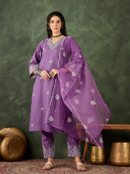 Mahi Solid Floral Embroidered Straight Fit Kurta with Pant & Dupatta - FitVibe Fashion