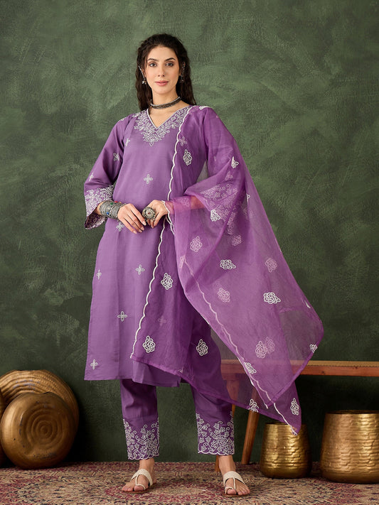 Mahi Solid Floral Embroidered Straight Fit Kurta with Pant & Dupatta - FitVibe Fashion