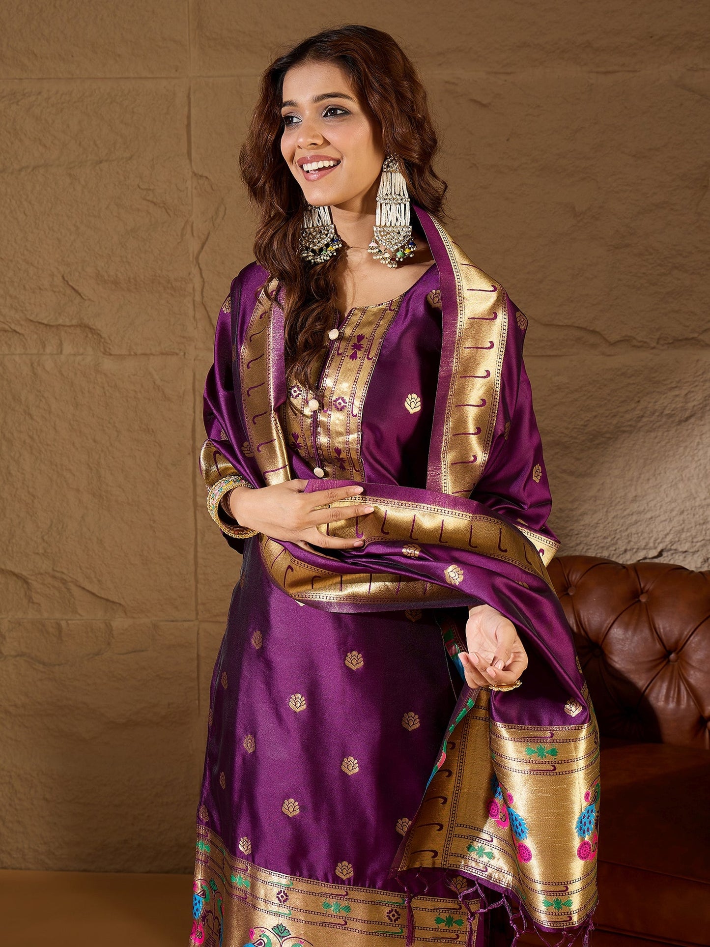 Misty Orchid Purple Meenakari Silk Jacquard Kurta Set Suits - FitVibe Fashion