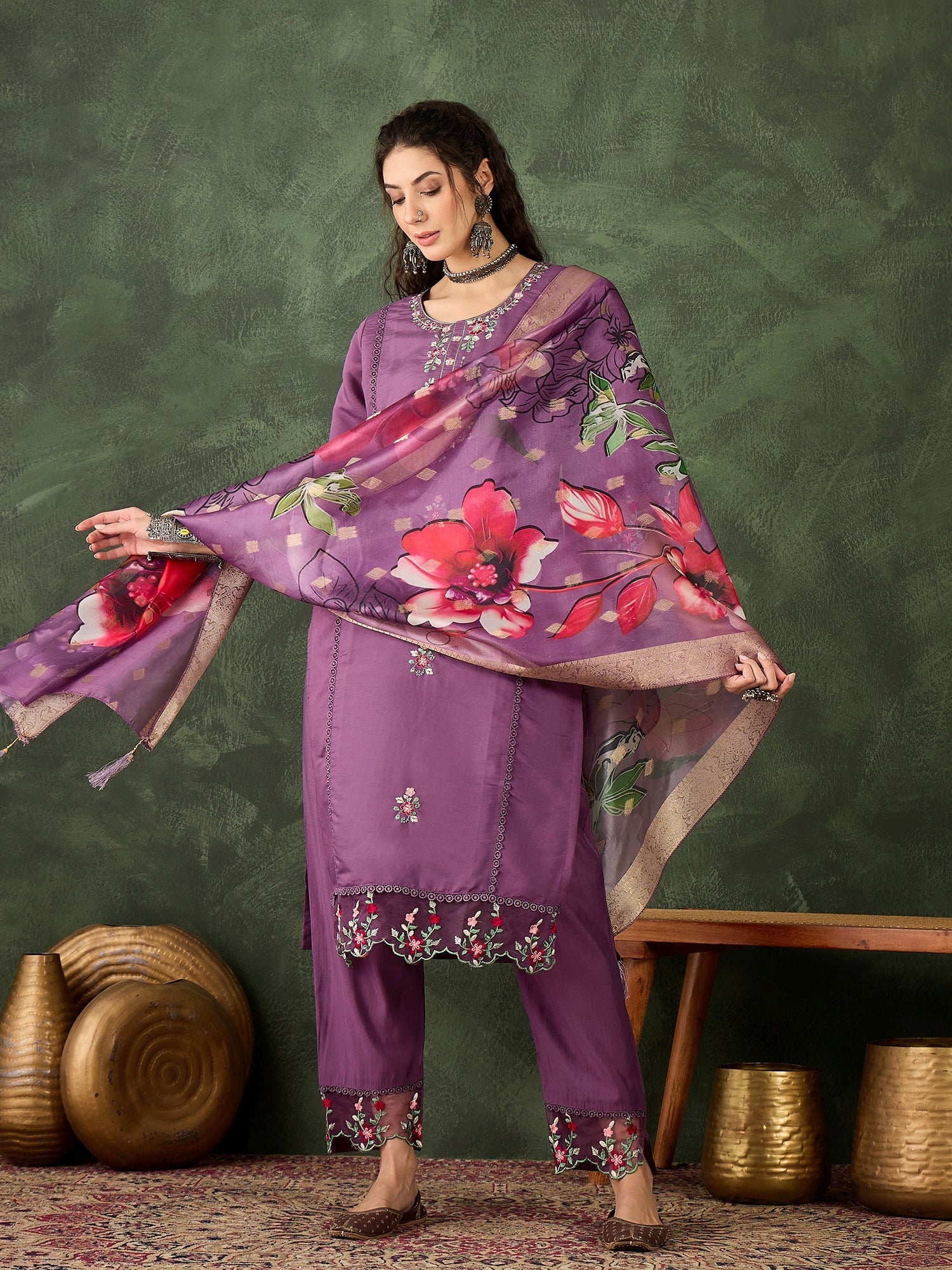 Roop Lavender Solid Silk Blend Straight Suit With Dupatta - FitVibe Fashion