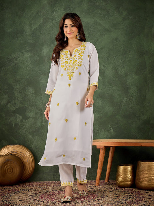 Rutu Women's Silk Blend Embroidered Straight Kurta & Pant Set - FitVibe Fashion