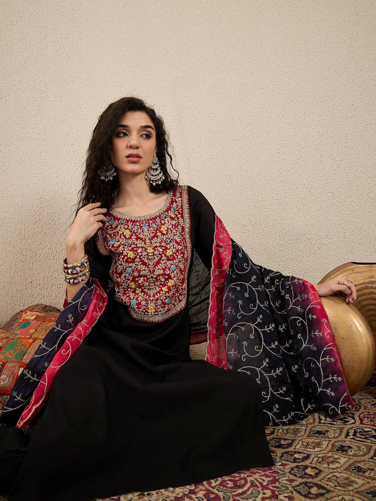 Ruchita Embroidery Straight Black Kurta & Pant with Dupatta Set - FitVibe Fashion