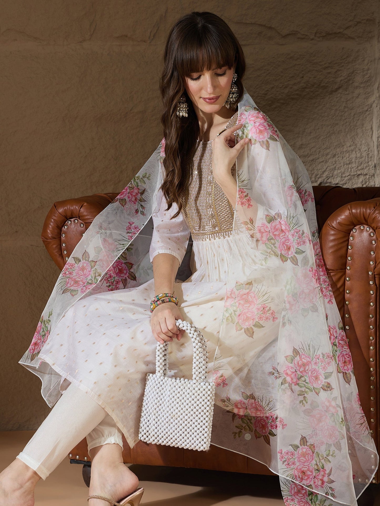 Neelangi Off white Women Kurta and Leggings Duppata Set Chanderi Modal Butti - FitVibe Fashion