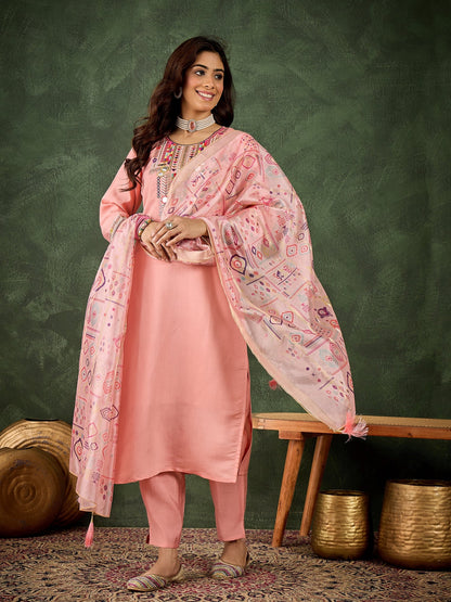 Vasant Women's Embroidered Pink Silk Blend Straight Suit Set with Dupatta - FitVibe Fashion