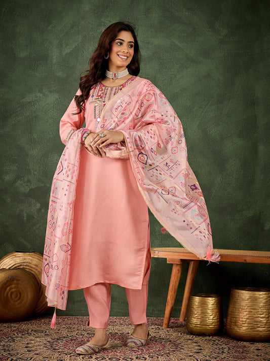 Vasant Women's Embroidered Pink Silk Blend Straight Suit Set with Dupatta - FitVibe Fashion