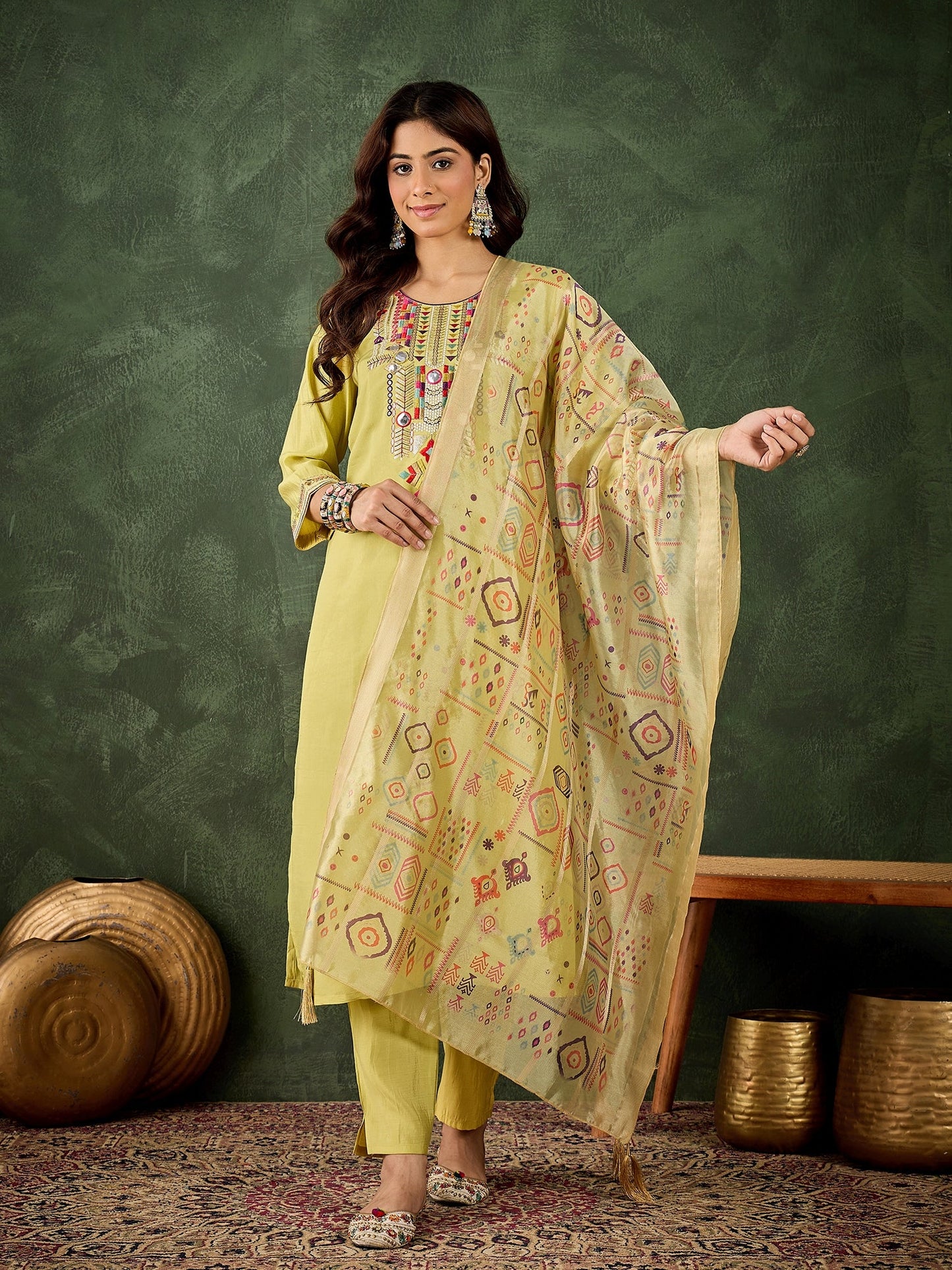 Vasant Women's Embroidered Yellow Silk Blend Straight Suit Set with Dupatta - FitVibe Fashion