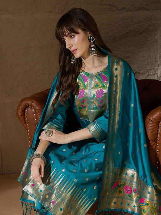 Aanira Rama Cotton Silk Jacquard Kurta Pant With Banarasi Silk dupatta