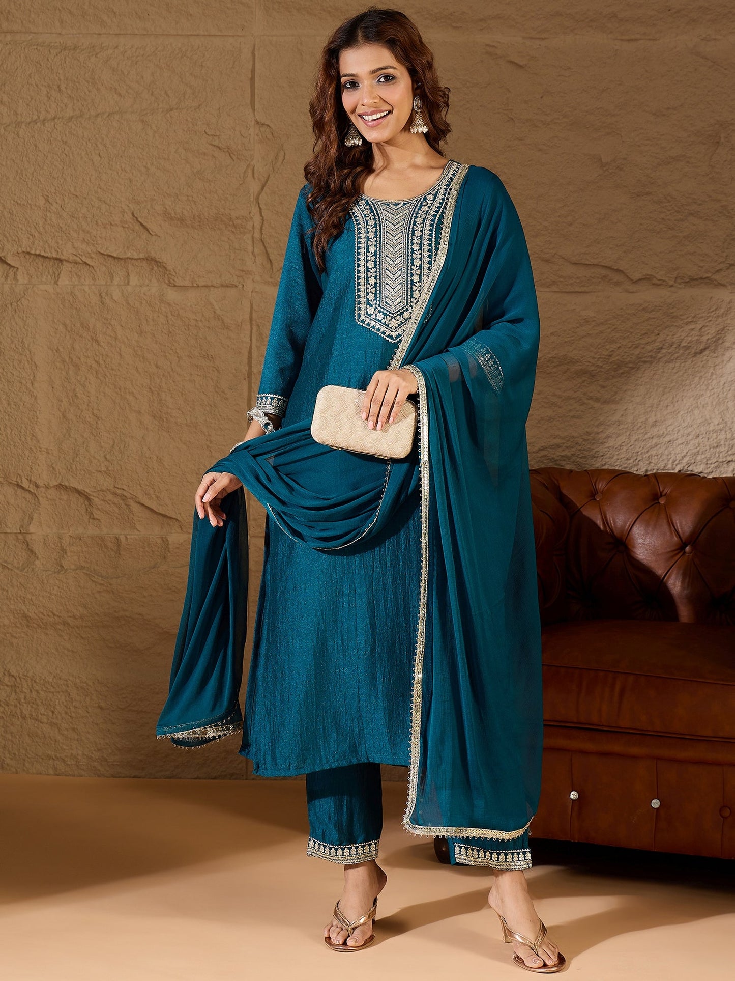 Silk Blend Yoke Design Kurta and Trousers Pant Set - FitVibe Fashion