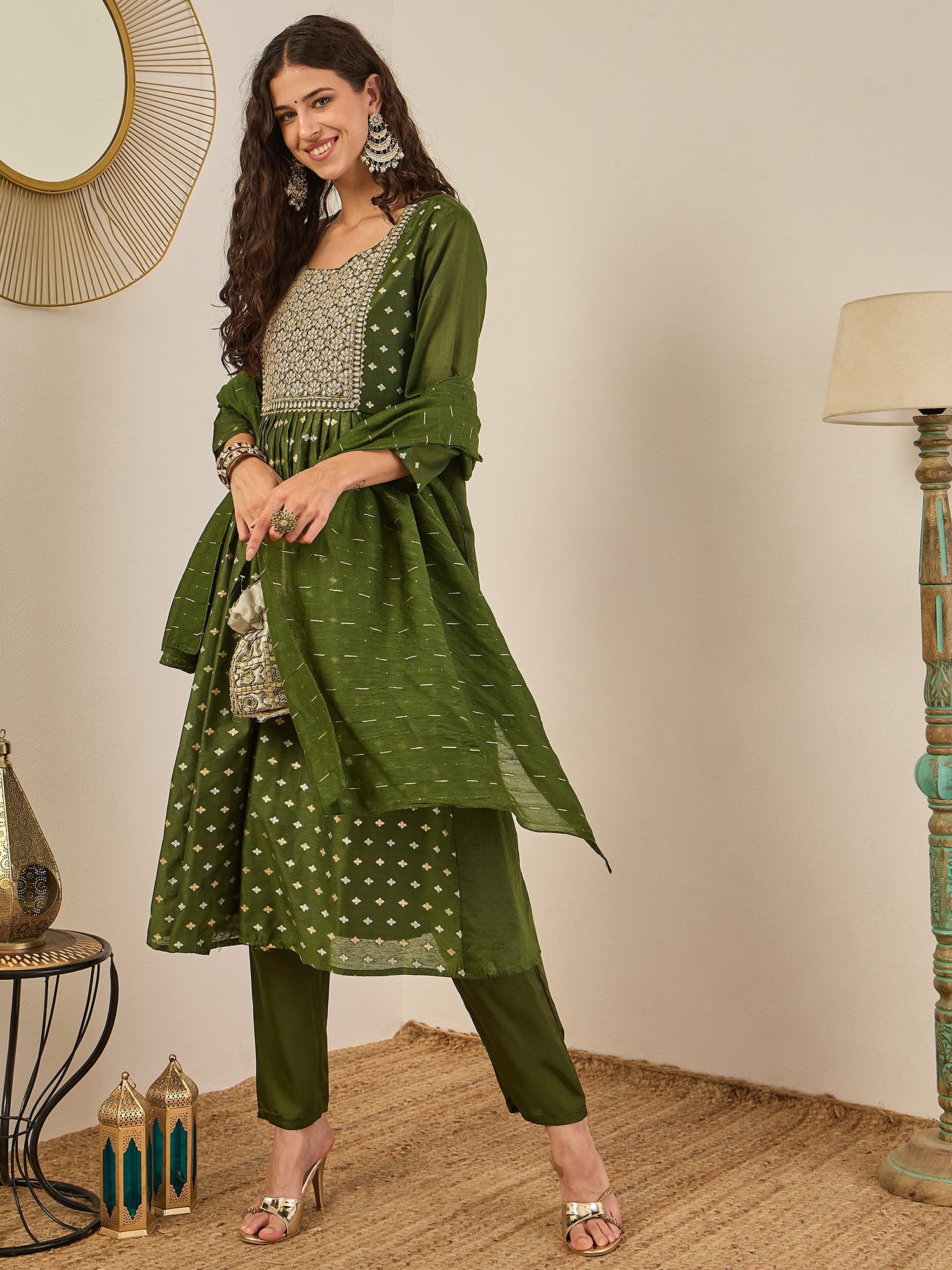 Phool Embroidered Chanderi Mehndi Suit Set with Dupatta Ethnic Sets - FitVibe Fashion