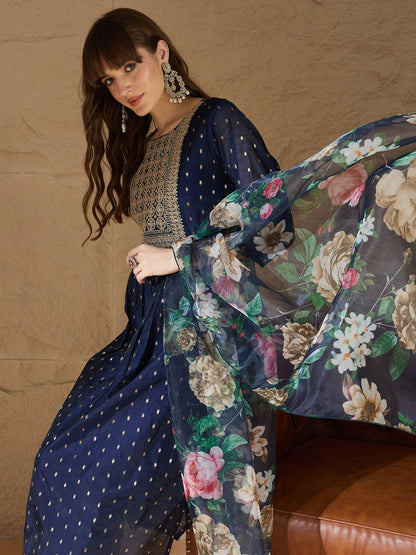 Neelangi Blue Women Kurta and Leggings Duppata Set Chanderi Modal Butti - FitVibe Fashion