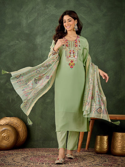 Vasant Women's Embroidered Sea Green Silk Blend Straight Suit Set with Dupatta - FitVibe Fashion