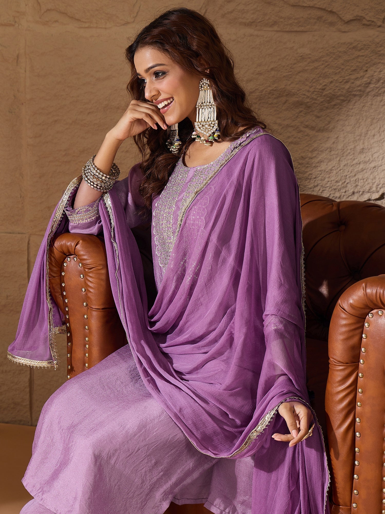 Lavender Silk Blend Yoke Design Kurta and Trousers Pant Set - FitVibe Fashion