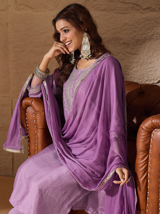 Lavender Silk Blend Yoke Design Kurta and Trousers Pant Set - FitVibe Fashion