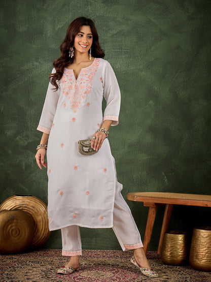 Rutu Women's Silk Blend Embroidered Straight Kurta & Pant Set - FitVibe Fashion