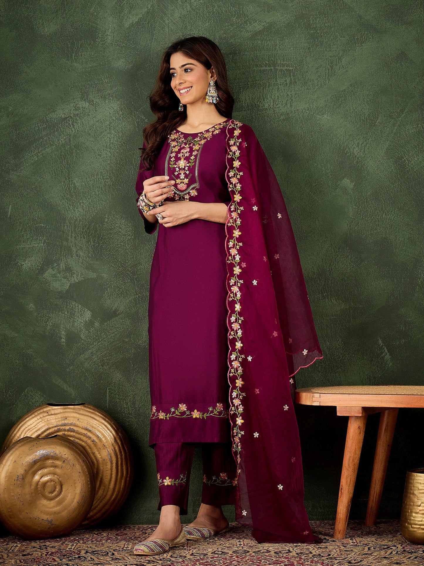 Malaika Purple Women Floral Embroidered Regular Kurta with Trousers & Dupatta Suits Sets - FitVibe Fashion