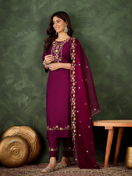 Malaika Purple Women Floral Embroidered Regular Kurta with Trousers & Dupatta Suits Sets - FitVibe Fashion