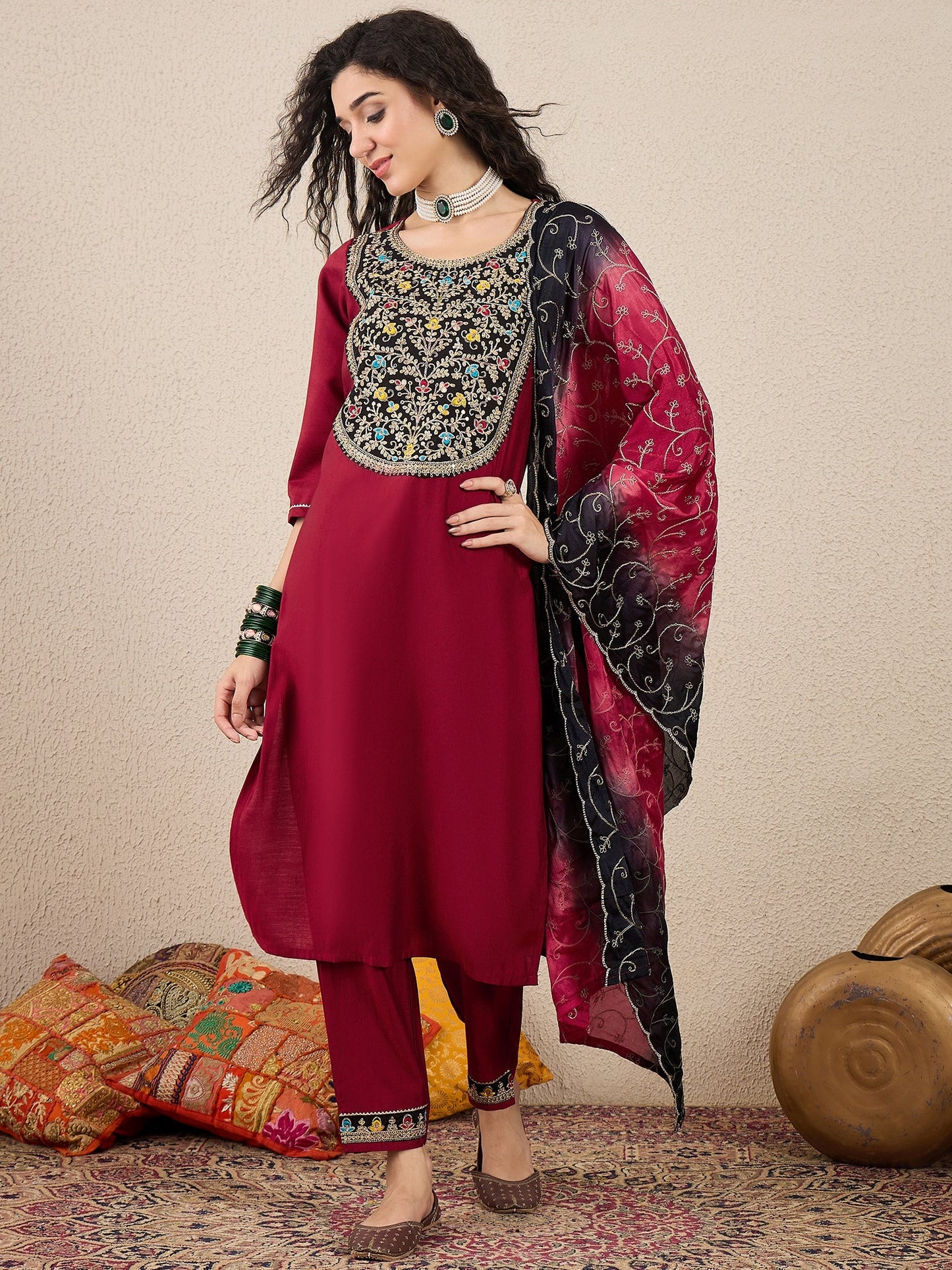 Ruchita Embroidery Straight Maroon Kurta & Pant with Dupatta Set - FitVibe Fashion