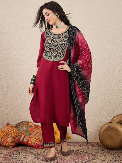 Ruchita Embroidery Straight Maroon Kurta & Pant with Dupatta Set - FitVibe Fashion