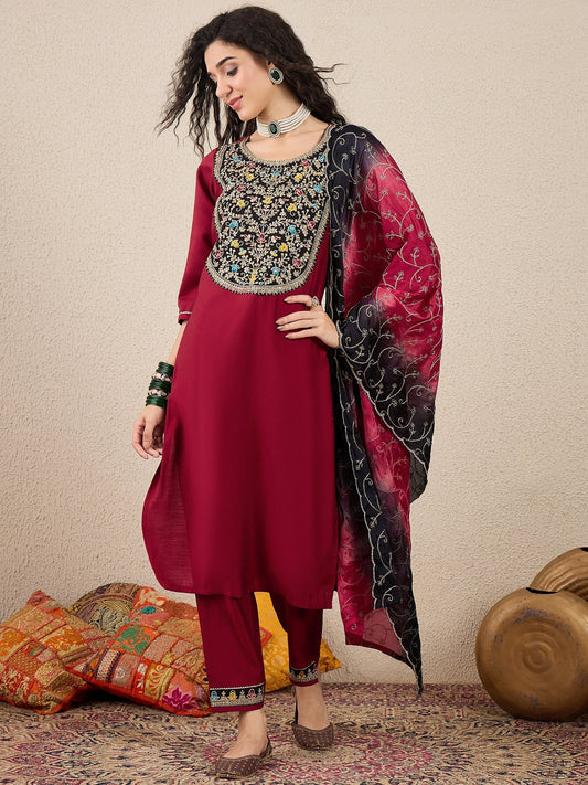 Ruchita Embroidery Straight Maroon Kurta & Pant with Dupatta Set - FitVibe Fashion