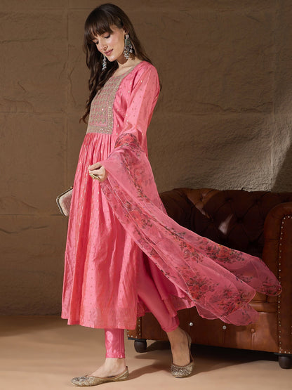 Neelangi Pink Women Kurta and Leggings Duppata Set Chanderi Modal Butti - FitVibe Fashion