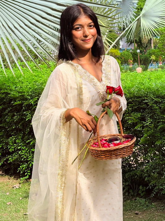 Samantha White Chanderi Silk Women Ethnic Wear Suits Set - FitVibe Fashion