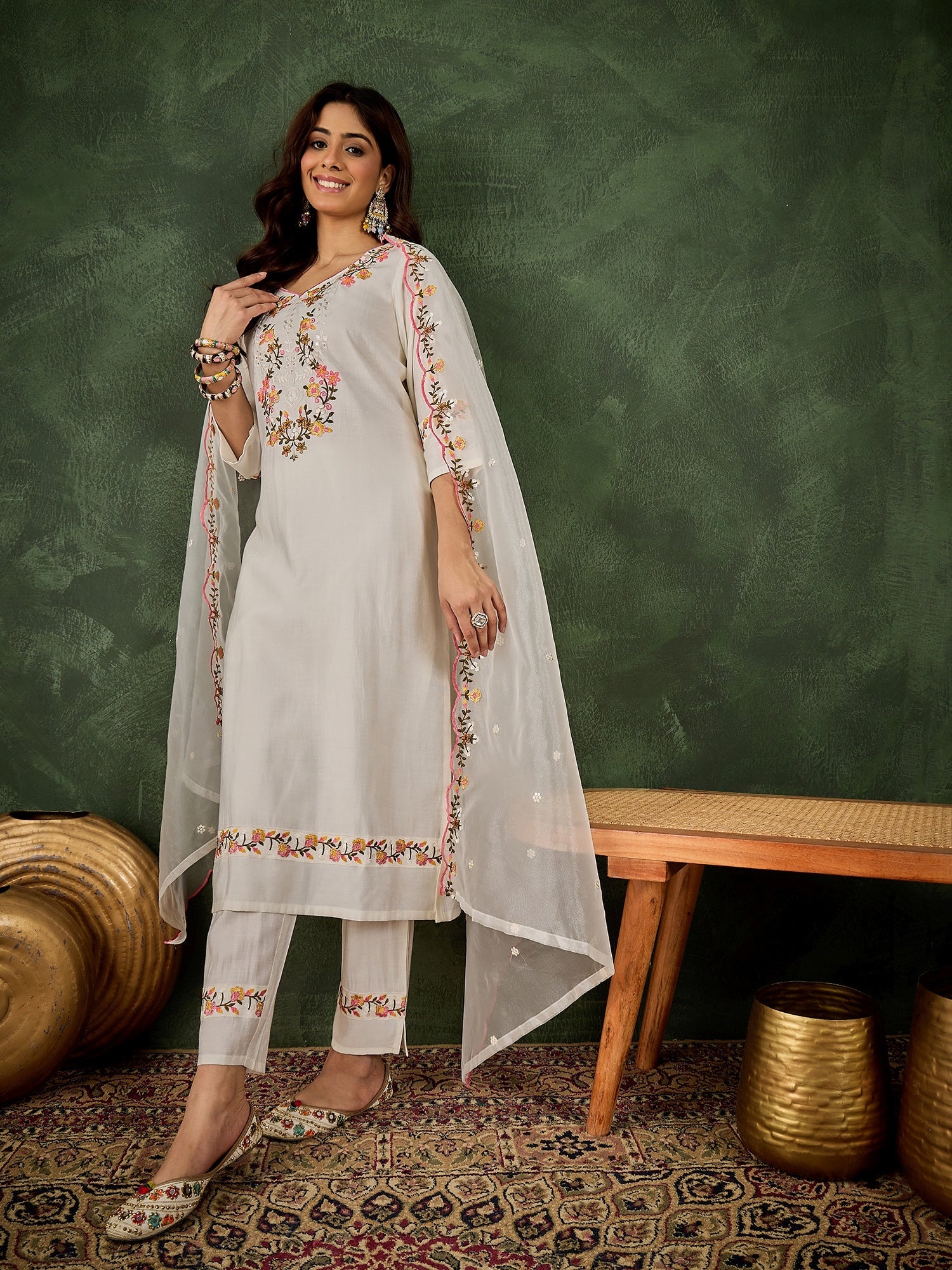 Malaika White Women Floral Embroidered Regular Kurta with Trousers & Dupatta Suit Sets - FitVibe Fashion