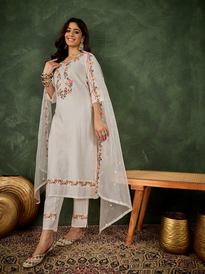 Malaika White Women Floral Embroidered Regular Kurta with Trousers & Dupatta Suit Sets - FitVibe Fashion
