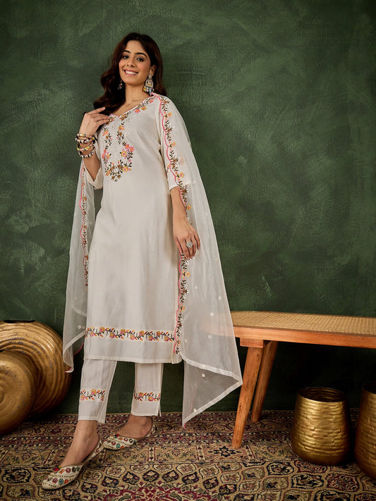 Malaika White Women Floral Embroidered Regular Kurta with Trousers & Dupatta Suit Sets - FitVibe Fashion