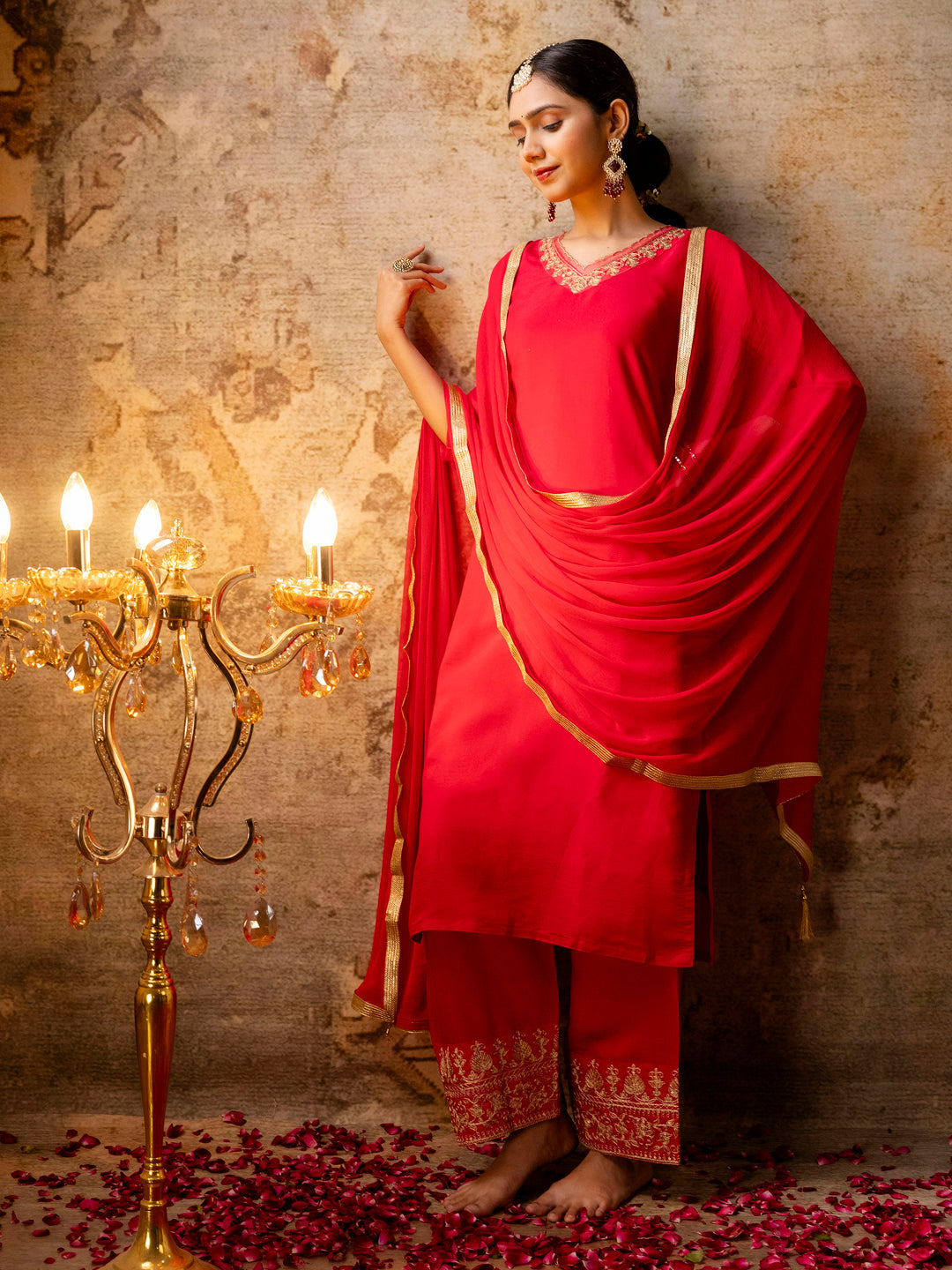 Pinaki Embroidered Silk Blend Calf Length Straight Kurta with Palazzo & Dupatta Set - FitVibe Fashion