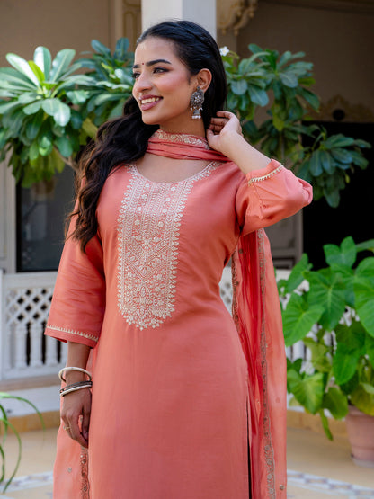 Women's Embroidered Silk Blend Calf Length Straight Kurta with Palazzo & Dupatta Set - FitVibe Fashion