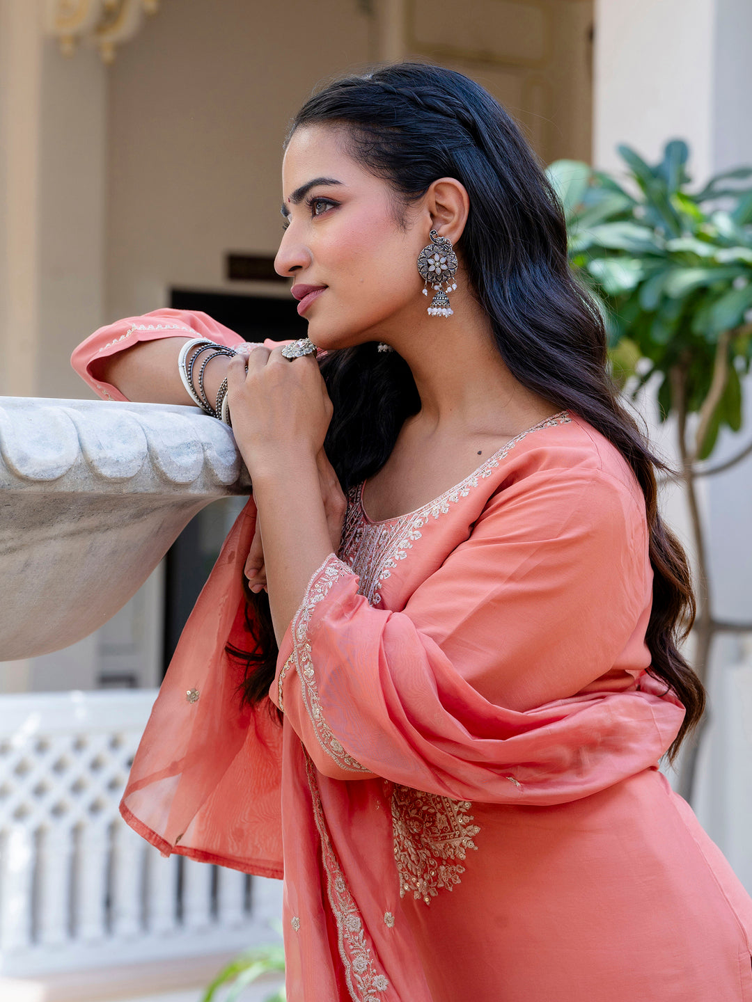 Women's Embroidered Silk Blend Calf Length Straight Kurta with Palazzo & Dupatta Set - FitVibe Fashion